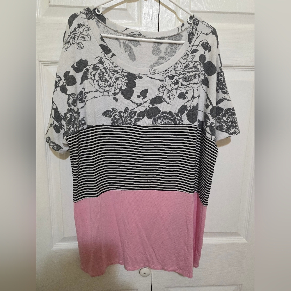 Honeyme Black Floral and Pink Striped Tee